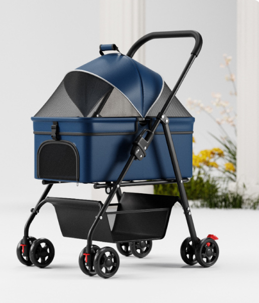 Pet Stroller Lightweight Foldable Detachable Dog Cat Travel Stroller One-Button Folding Carry Basket