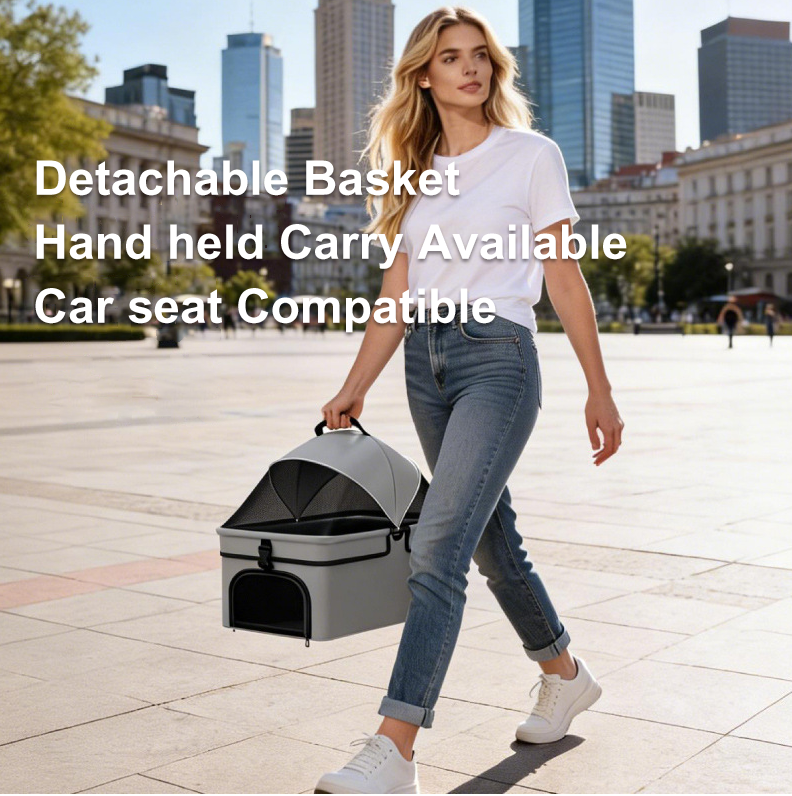Pet Stroller Lightweight Foldable Detachable Dog Cat Travel Stroller One-Button Folding Carry Basket