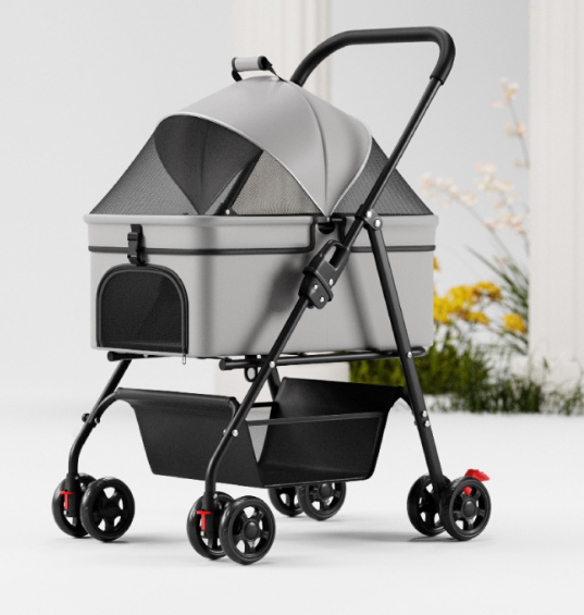 Pet Stroller Lightweight Foldable Detachable Dog Cat Travel Stroller One-Button Folding Carry Basket