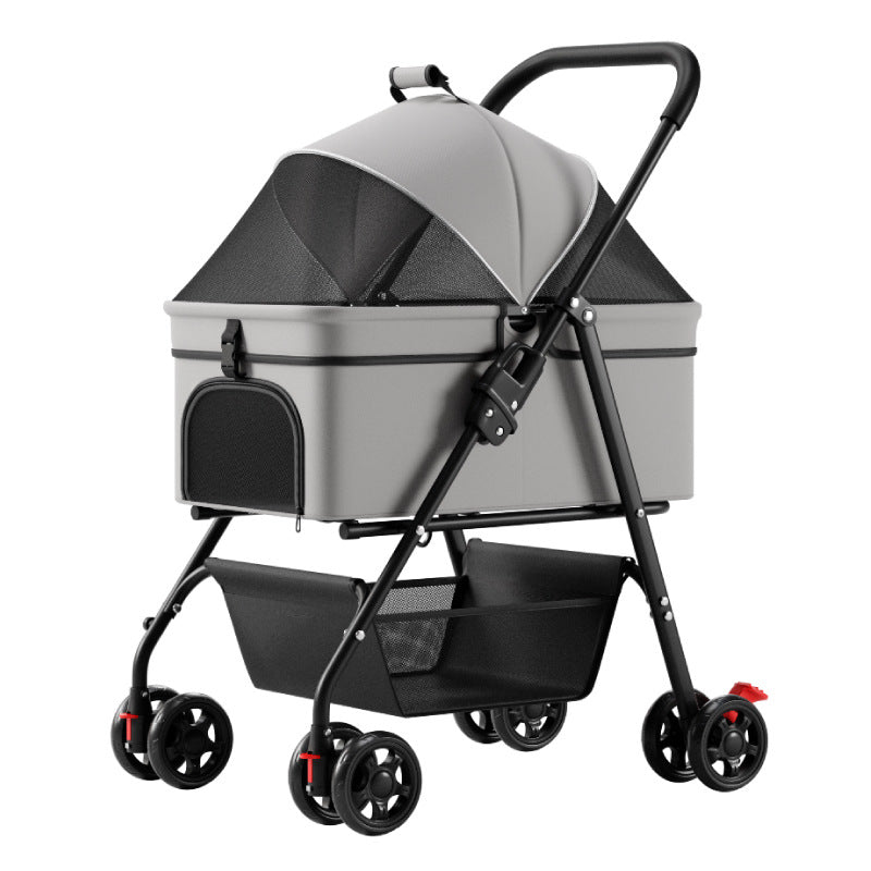 Pet Stroller Lightweight Foldable Detachable Dog Cat Travel Stroller One-Button Folding Carry Basket