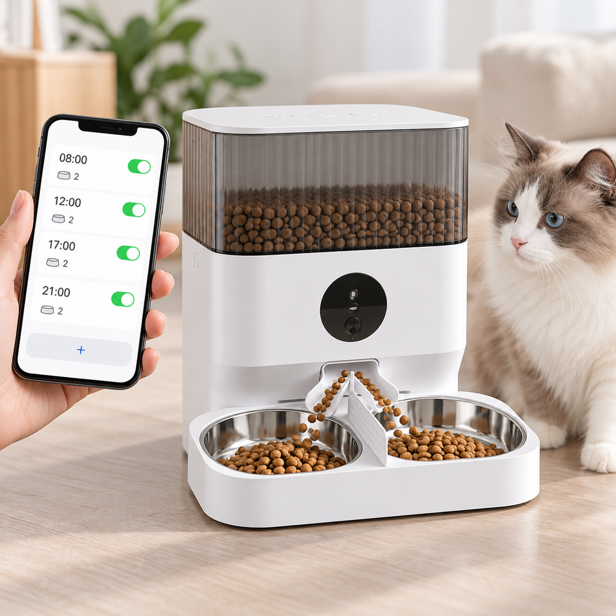 Vetsuno AutoFeed Duo smart pet feeder with app-controlled feeding schedule and cat