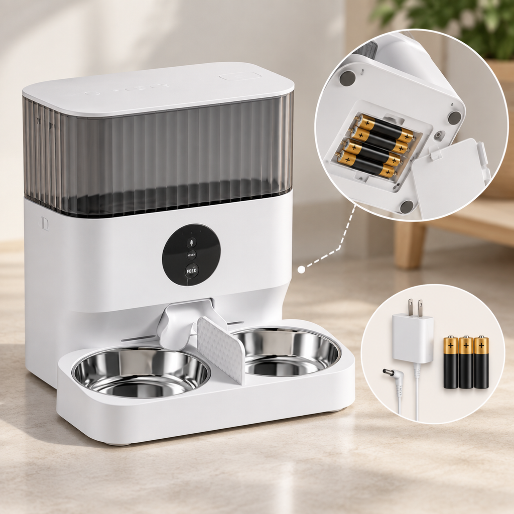 Vetsuno AutoFeed Duo feeder with power adapter and three AA backup batteries