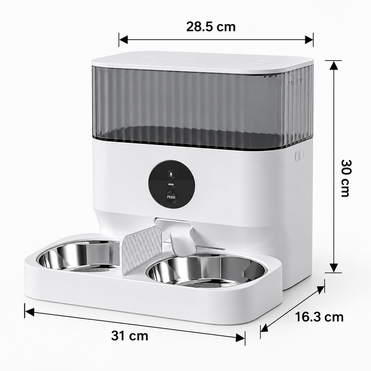 Vetsuno AutoFeed Duo feeder dimensions 31 cm wide, 16.3 cm deep and 30 cm high