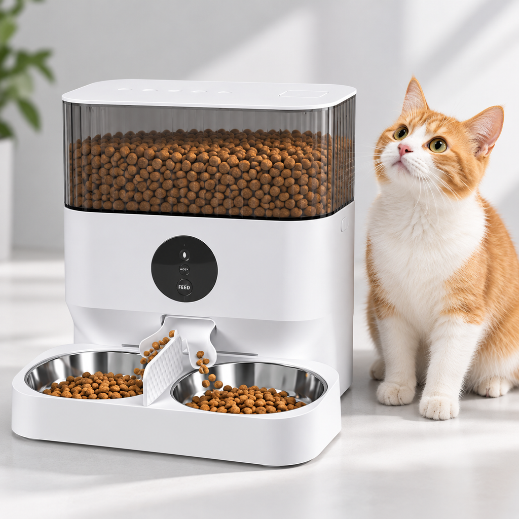 Vetsuno AutoFeed Duo 5L automatic pet feeder with dual stainless bowls and a cat