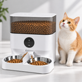 Vetsuno AutoFeed Duo 5L automatic pet feeder with dual stainless bowls and a cat