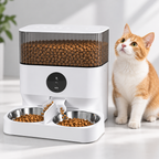 Vetsuno AutoFeed Duo 5L automatic pet feeder with dual stainless bowls and a cat