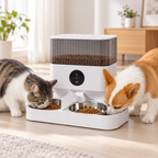 Vetsuno AutoFeed Duo dual-bowl feeder used by a cat and small dog