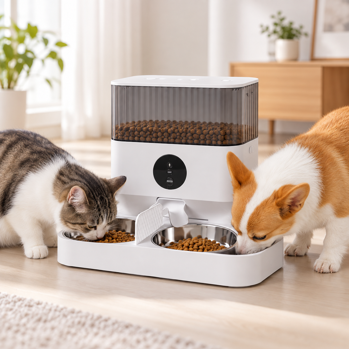Vetsuno AutoFeed Duo dual-bowl feeder used by a cat and small dog