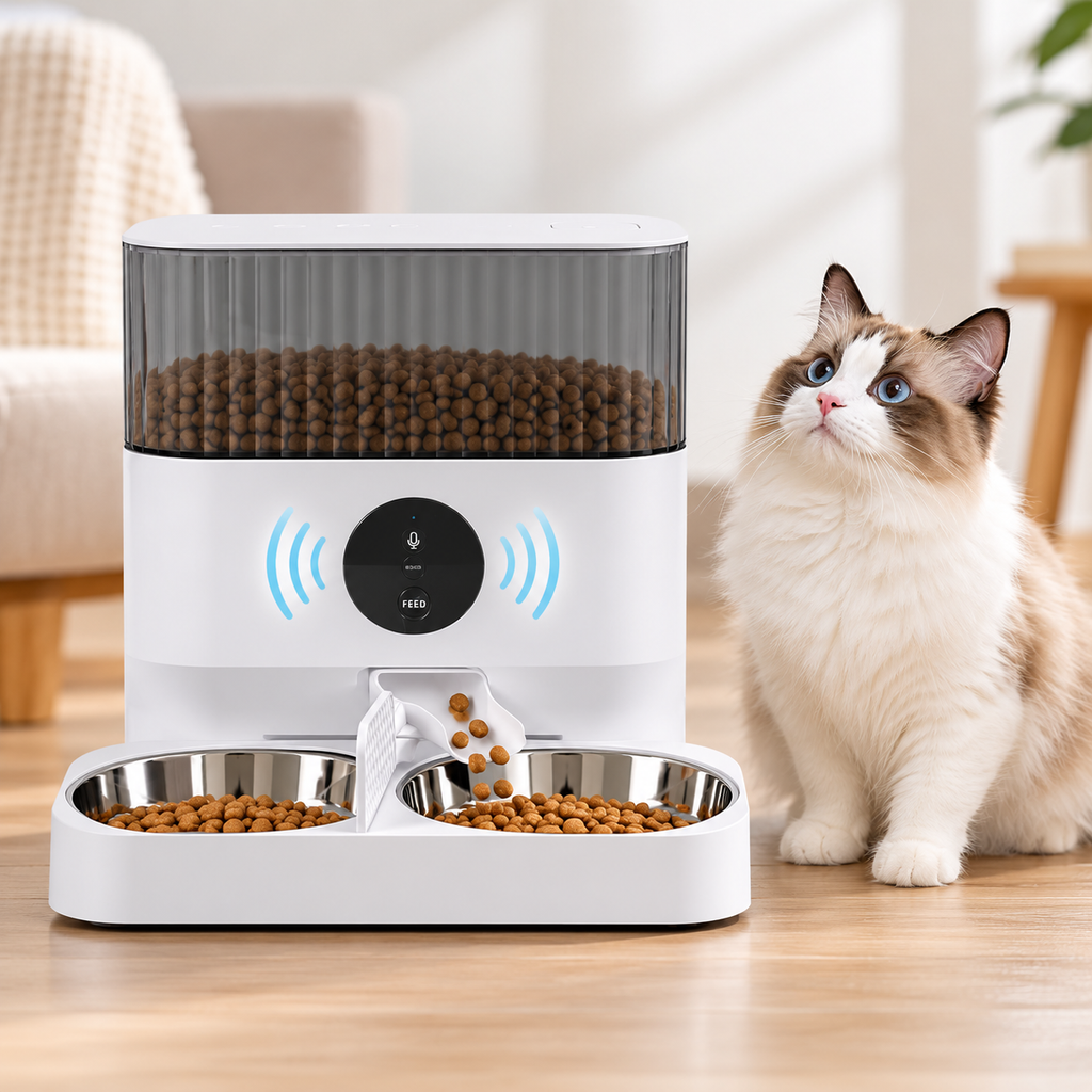 Vetsuno AutoFeed Duo smart feeder with voice recording feature and cat