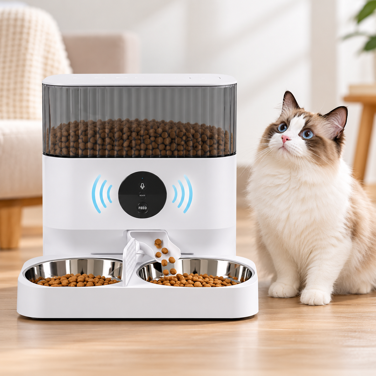 Vetsuno AutoFeed Duo smart feeder with voice recording feature and cat
