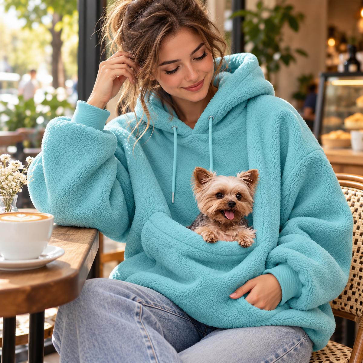 Vetsuno Cozy Carrier Hoodie in blue with a small dog in the front pouch at a cafe