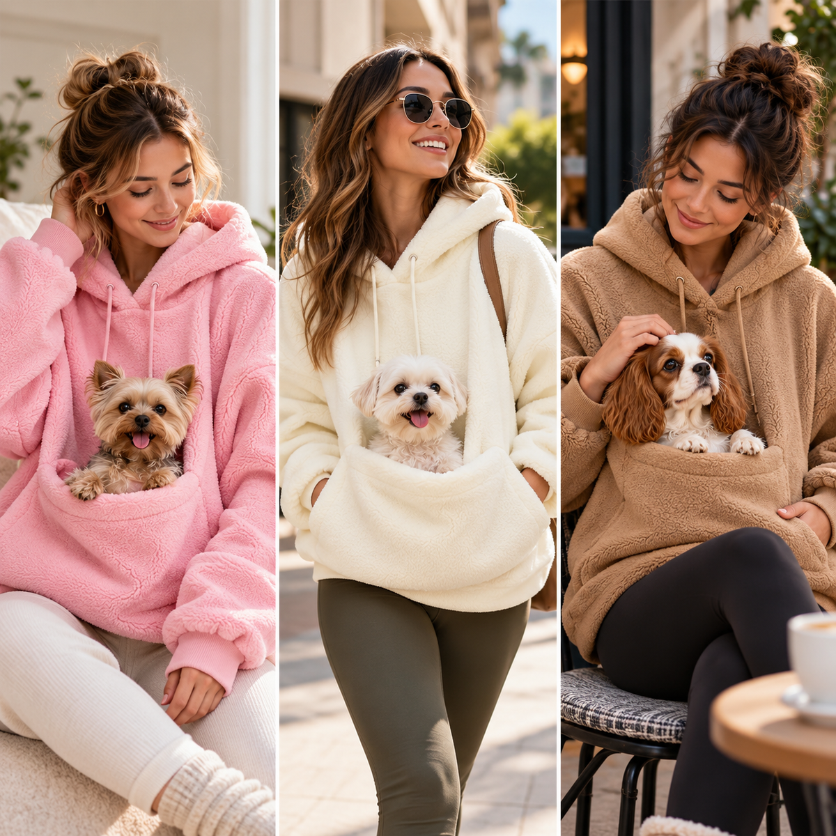 Vetsuno Cozy Carrier Hoodie shown in multiple lifestyle colors with small dogs