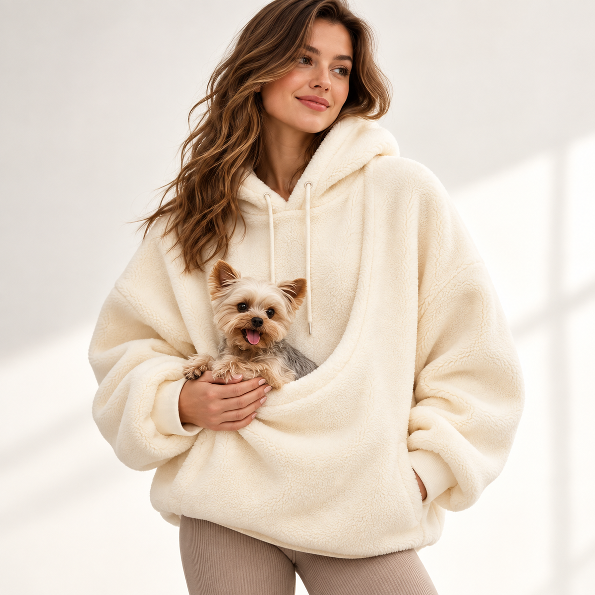 Vetsuno Cozy Carrier Hoodie in cream with built-in front pouch for a small dog