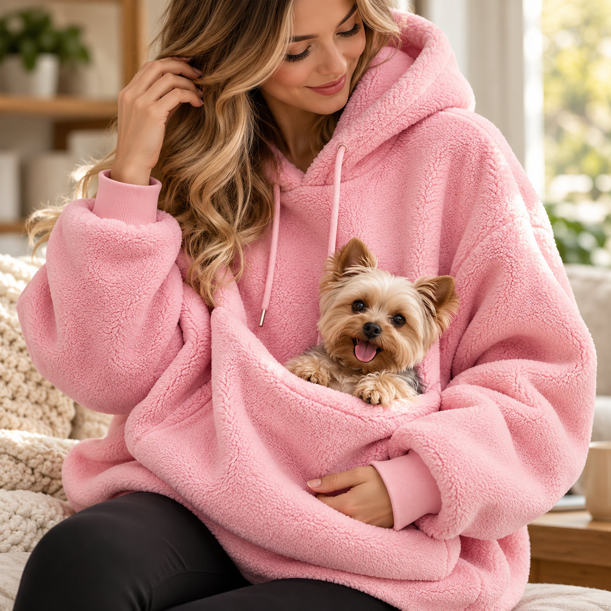 Vetsuno Cozy Carrier Hoodie in pink with a small dog in the built-in pouch indoors