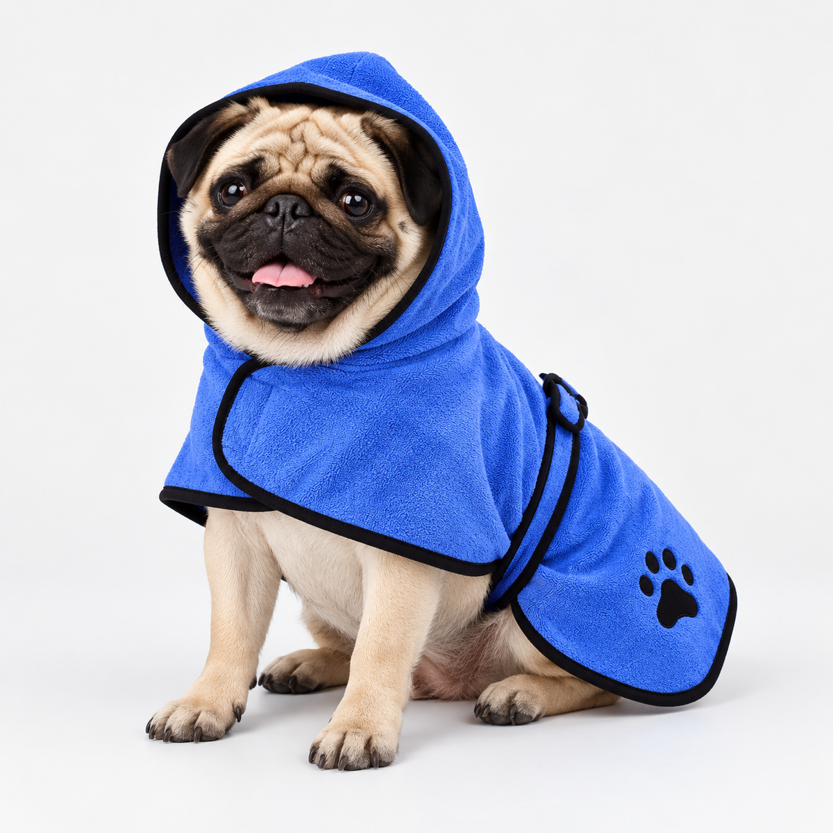Vetsuno DryFast blue microfiber drying bathrobe on a small dog