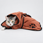 Vetsuno DryFast brown pet drying robe wrapped around a cat