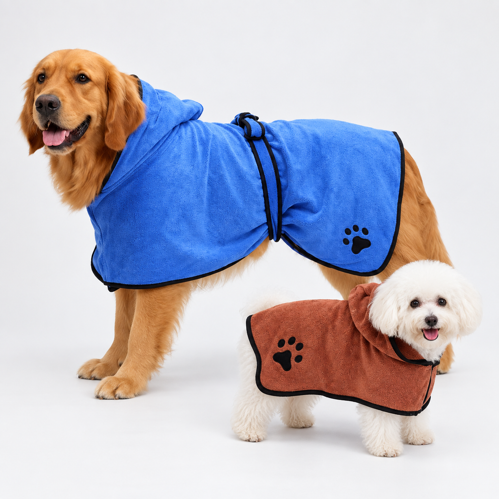 Vetsuno DryFast pet bathrobes on large and small dogs showing the size range