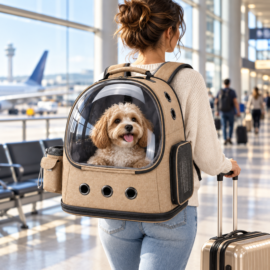 Vetsuno Explorer pet backpack with small dog during airport travel