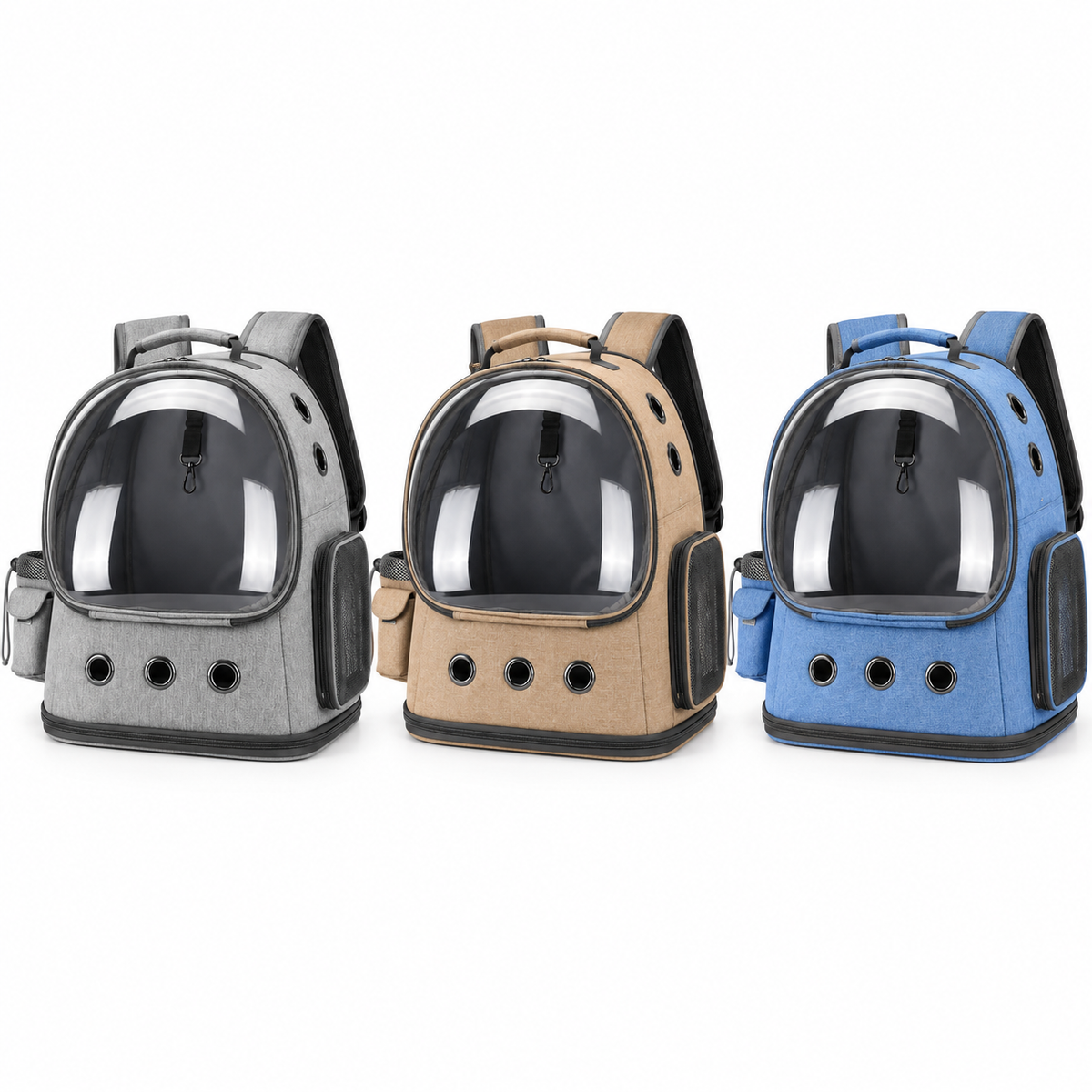 Vetsuno Explorer pet backpack in Charcoal Grey, Sand Khaki and Ocean Blue