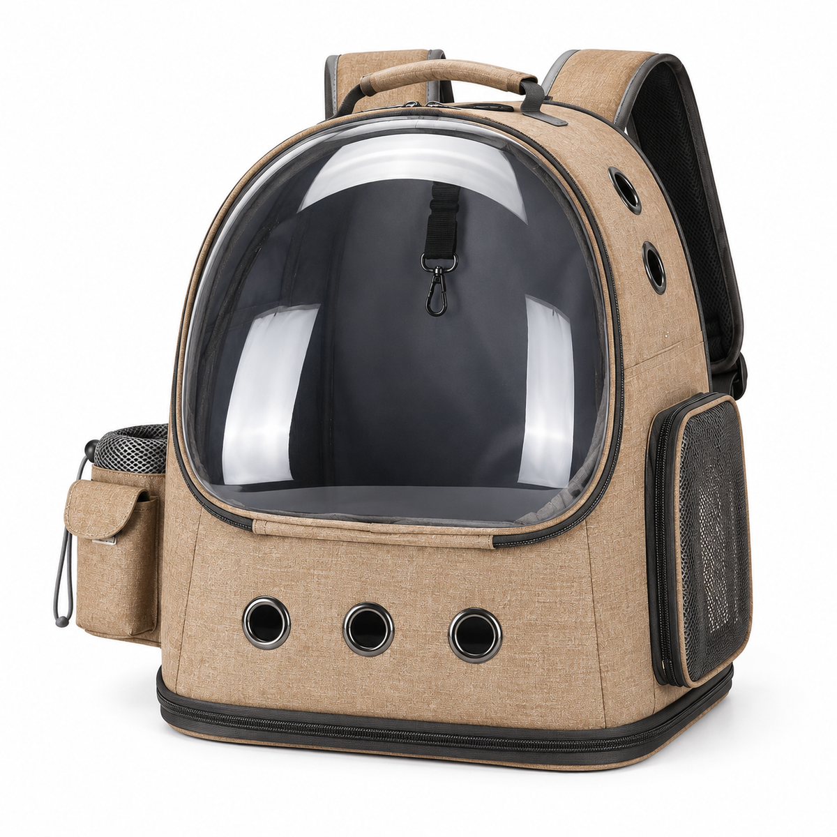 Vetsuno Explorer pet backpack in Sand Khaki with transparent front window