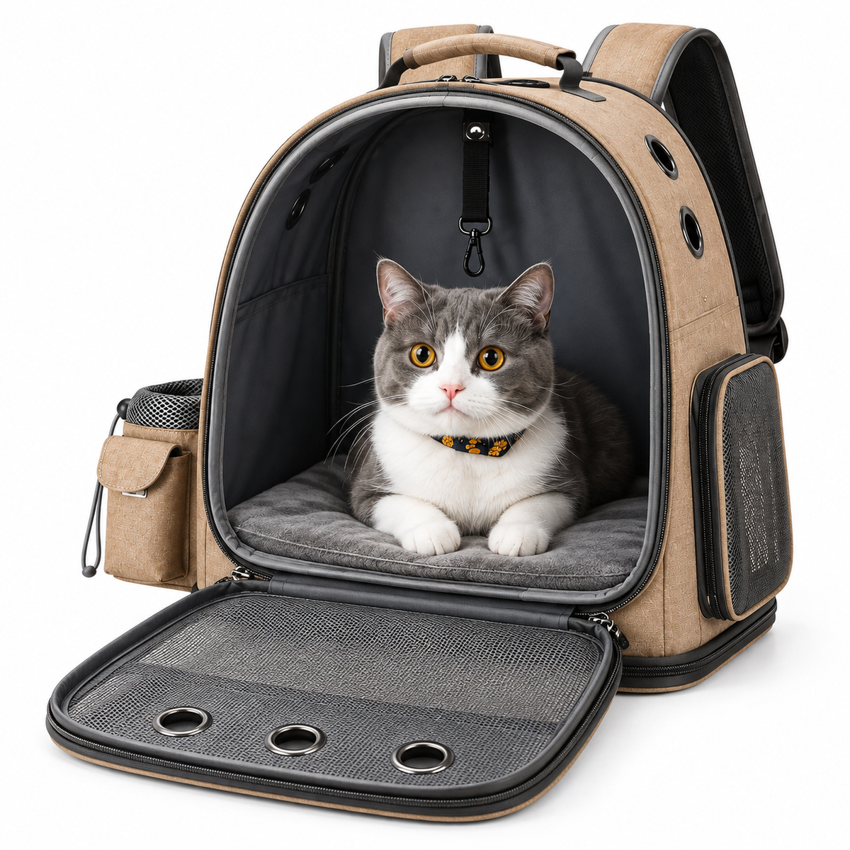 Vetsuno Explorer pet backpack open with cat on removable cushion
