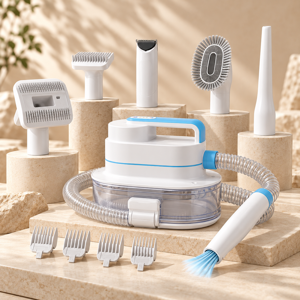 Vetsuno GroomPro 6-in-1 grooming vacuum with grooming brush, deshedding brush, clipper, dryer, nozzle and comb guards
