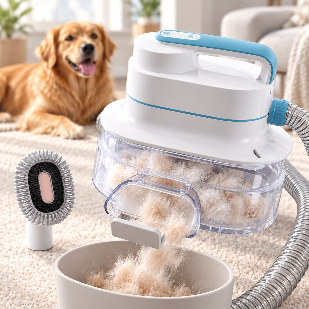 Vetsuno GroomPro clear dust cup showing collected golden retriever fur