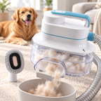 Vetsuno GroomPro clear dust cup showing collected golden retriever fur