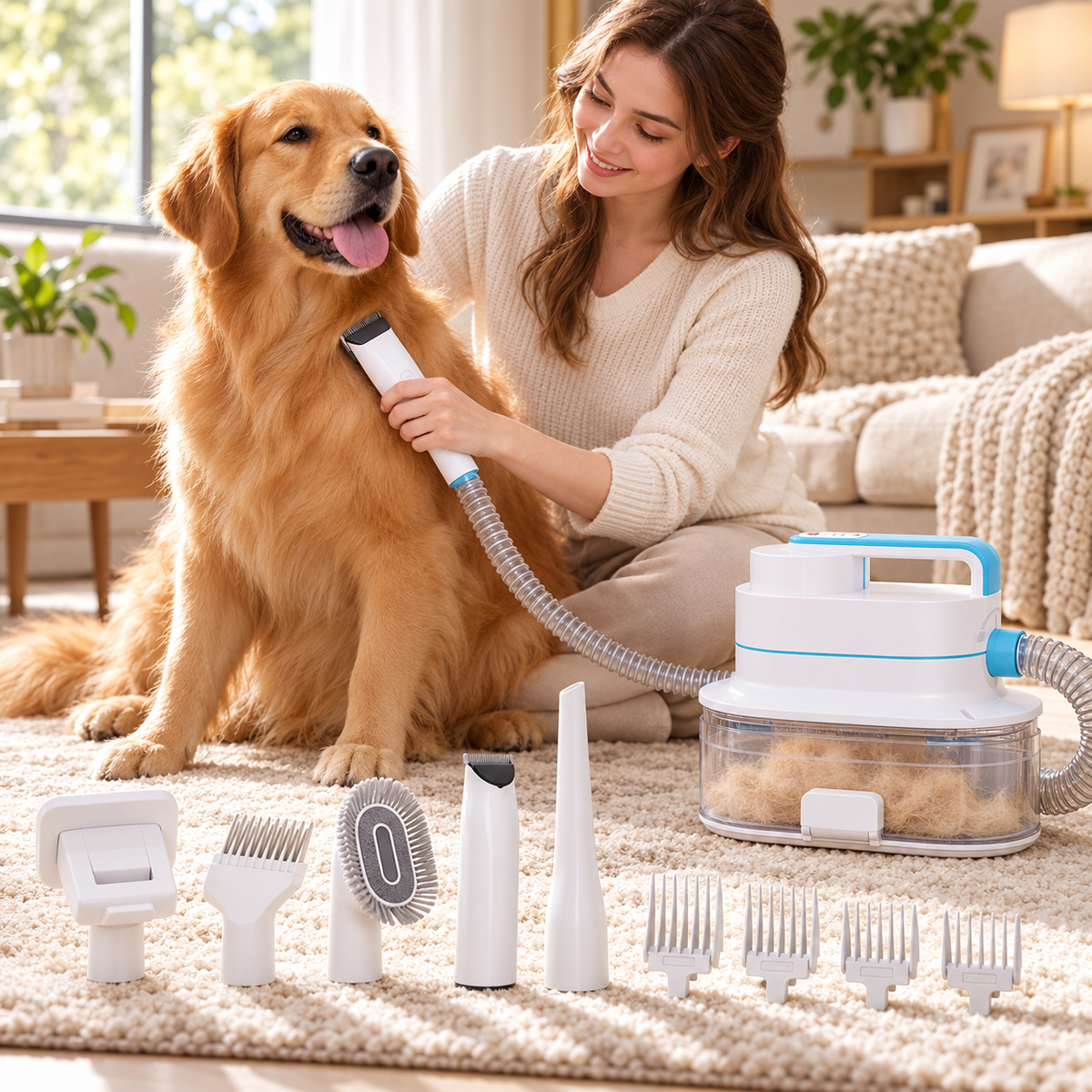 Vetsuno GroomPro electric clipper vacuuming loose dog hair during golden retriever grooming