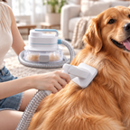 Vetsuno GroomPro grooming brush collecting loose golden retriever fur during at-home grooming