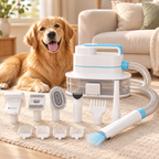 Vetsuno GroomPro 6-in-1 pet grooming vacuum with complete accessory kit and golden retriever