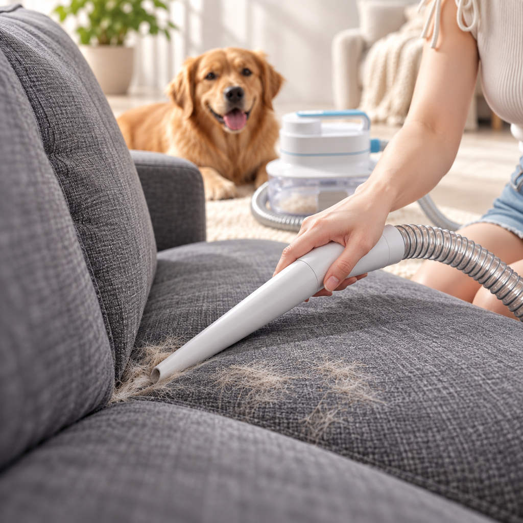Vetsuno GroomPro vacuum nozzle removing pet hair from a fabric sofa