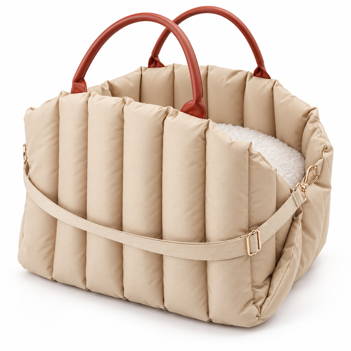 Vetsuno NestRide beige padded pet carrier bed on white background
