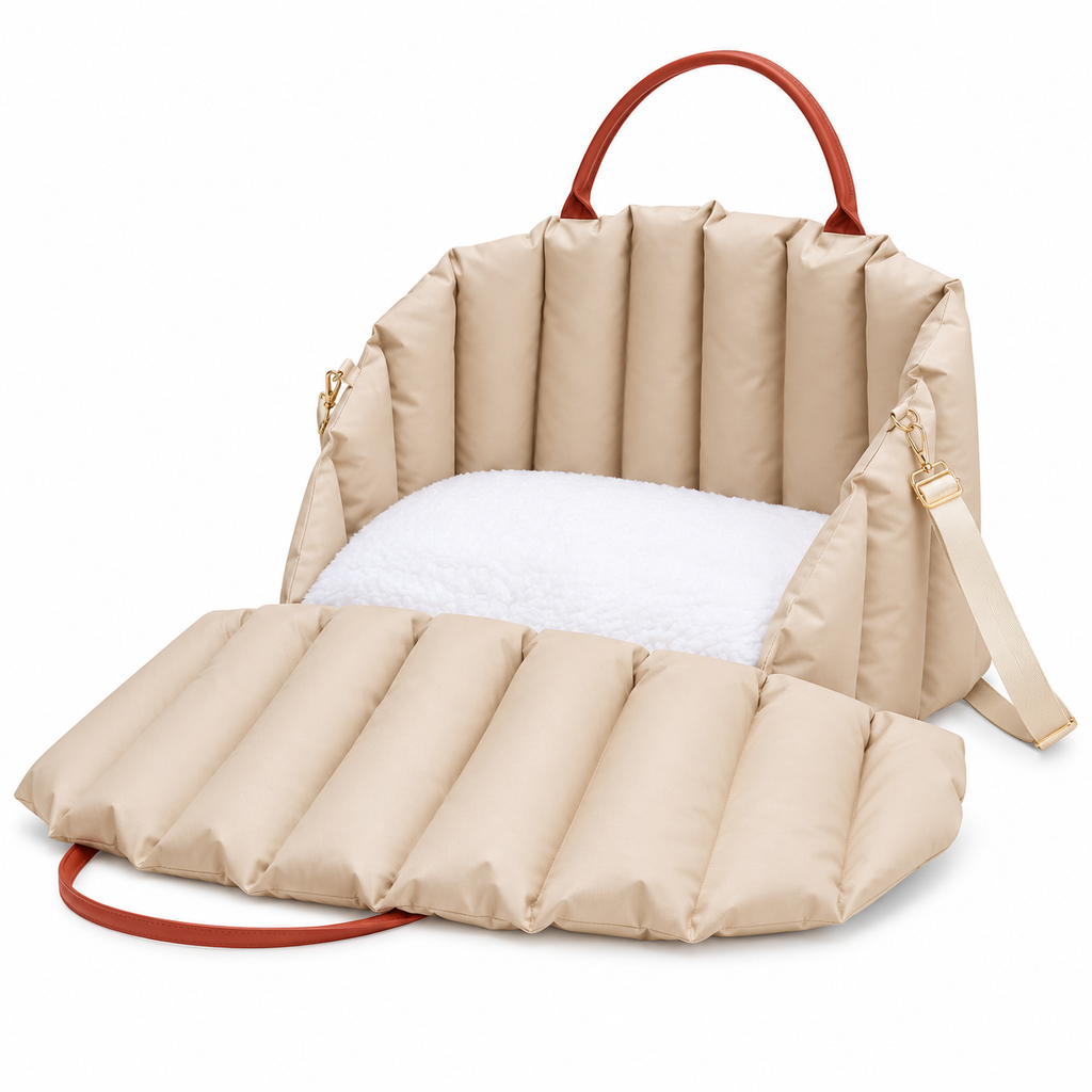 Vetsuno NestRide beige pet carrier opened into a padded resting bed