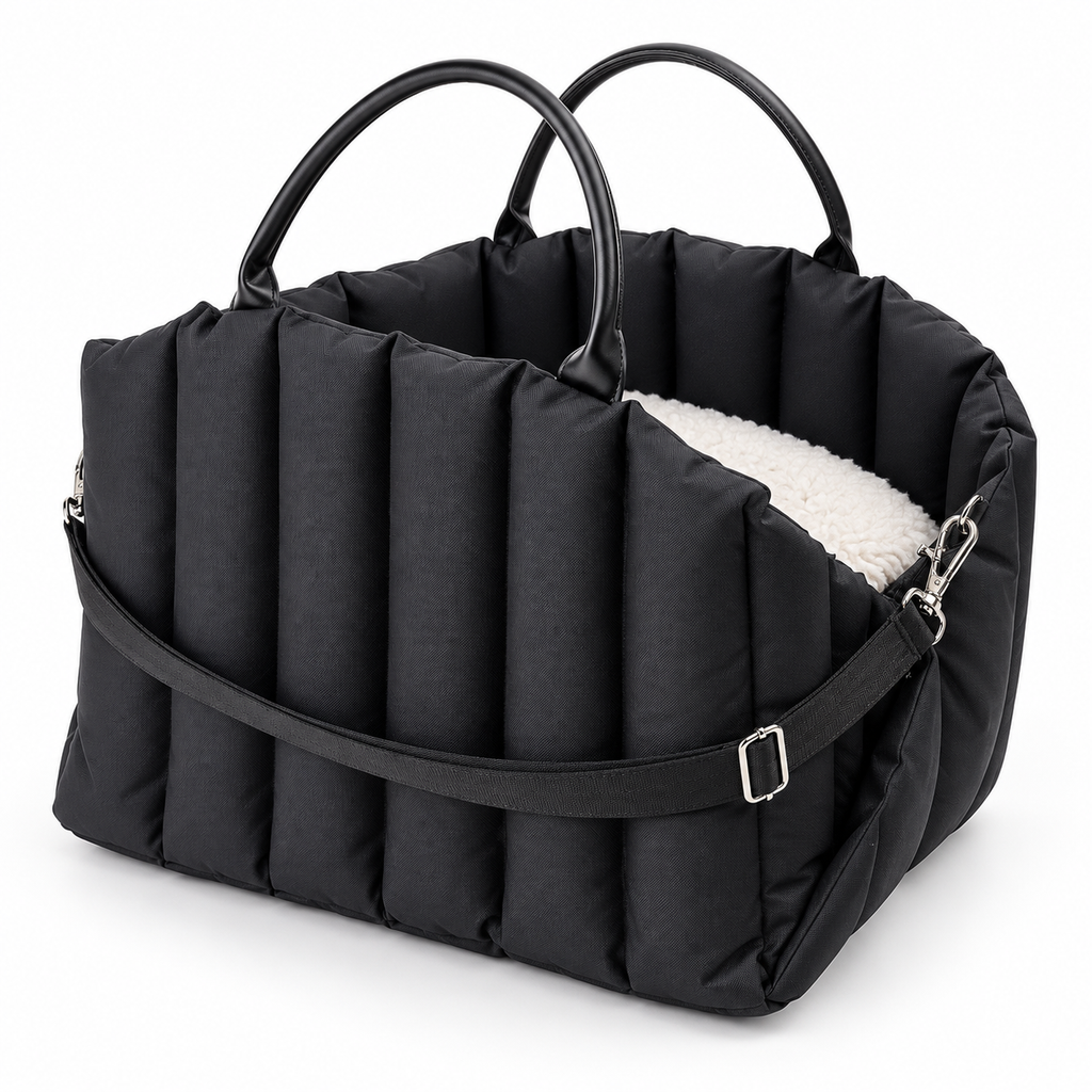 Vetsuno NestRide black padded pet carrier bed on white background