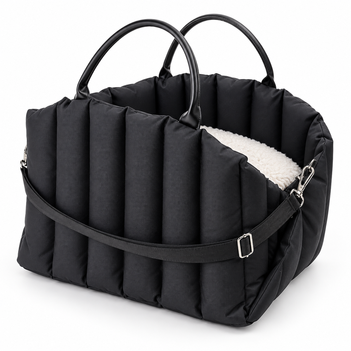 Vetsuno NestRide black padded pet carrier bed on white background