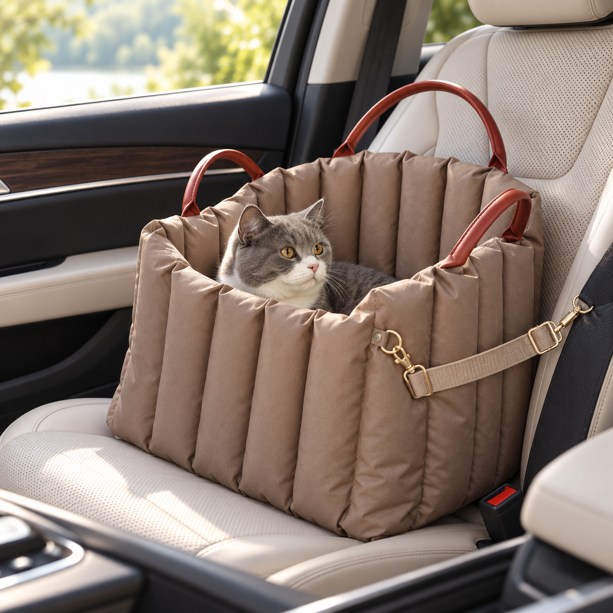 Cat resting in the brown Vetsuno NestRide pet carrier on a car seat
