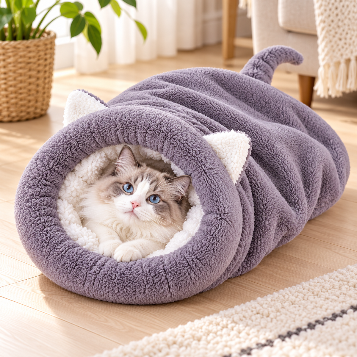 Cat resting inside the Vetsuno PurrNest gray plush sleeping cocoon at home