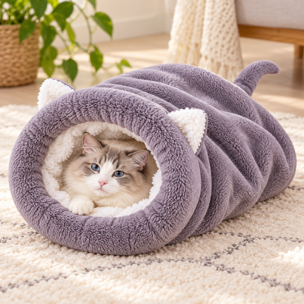 Cat relaxing in the Vetsuno PurrNest gray fleece sleeping cocoon on a cozy rug