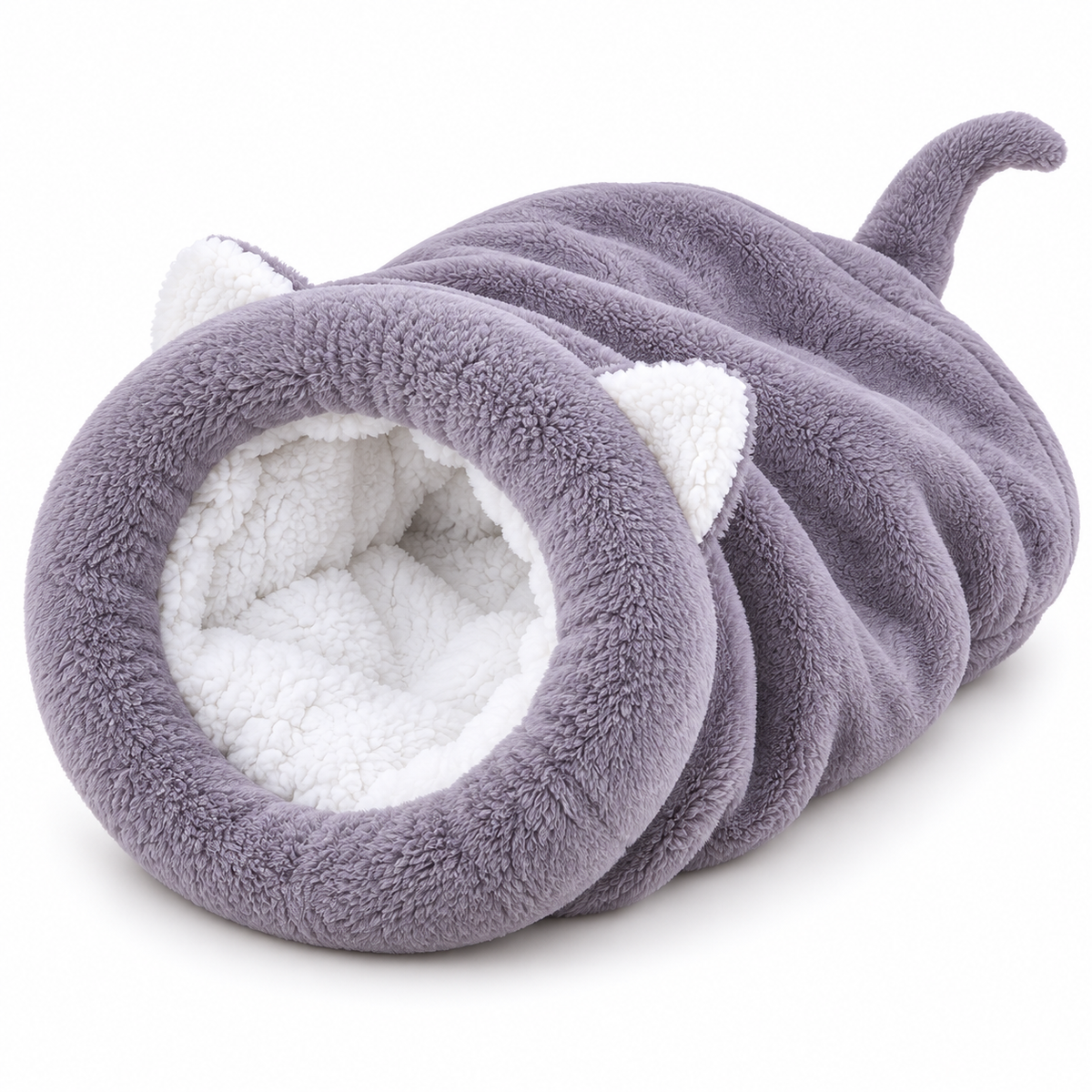 Vetsuno PurrNest gray fleece pet sleeping cocoon angled on a white background