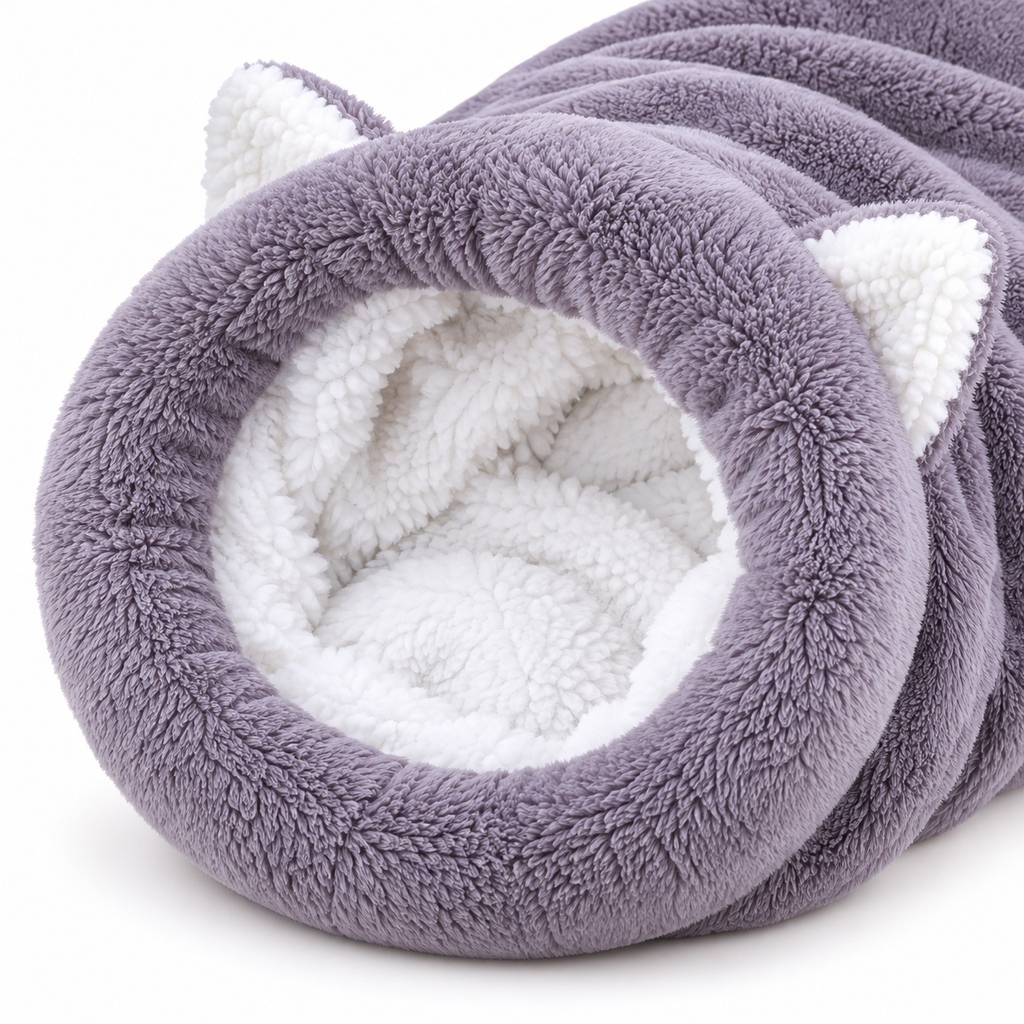 Close-up of the Vetsuno PurrNest gray plush entrance and soft white fleece lining