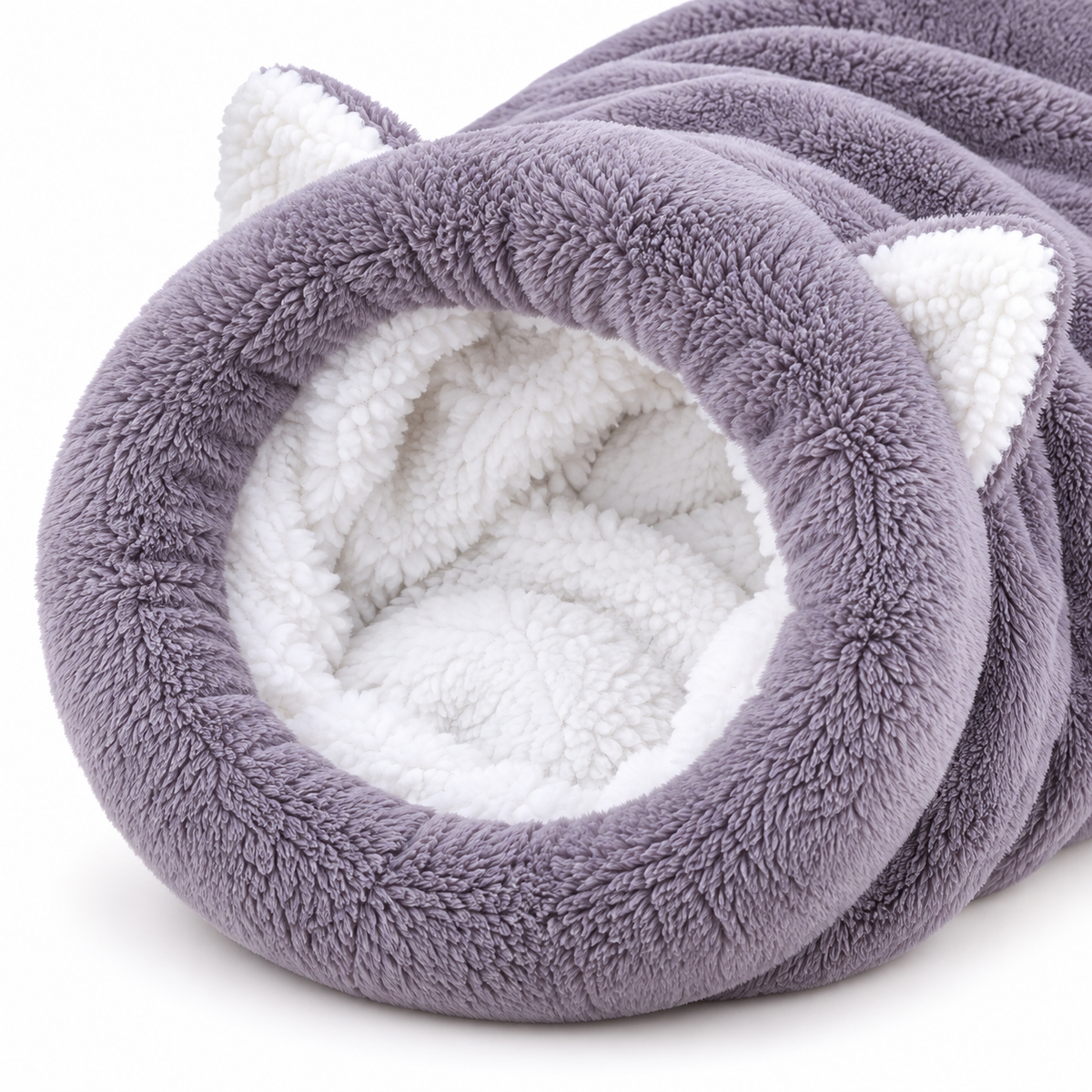 Close-up of the Vetsuno PurrNest gray plush entrance and soft white fleece lining