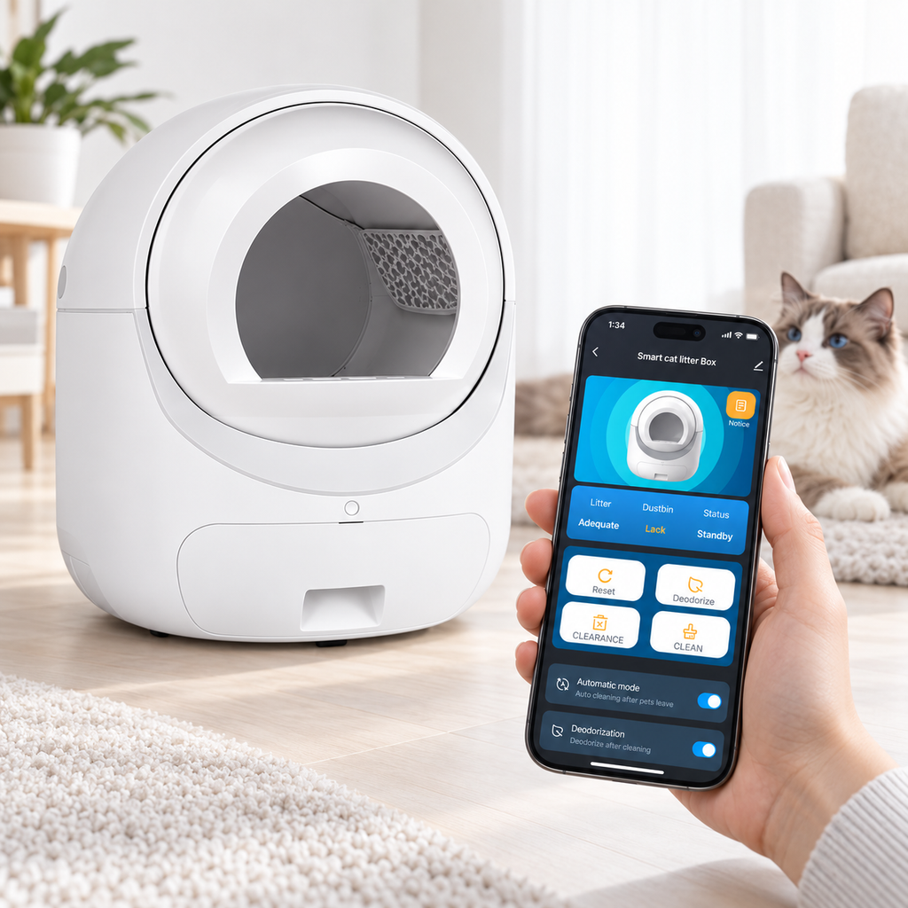 Vetsuno SmartClean Elite self-cleaning litter box with smartphone app control