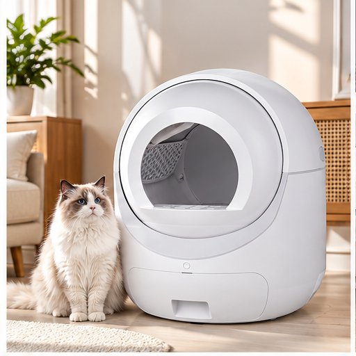 Vetsuno SmartClean Elite self-cleaning litter box with cat in a bright modern home