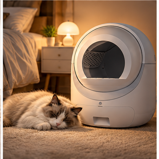 Vetsuno SmartClean Elite operating quietly at night beside a resting cat