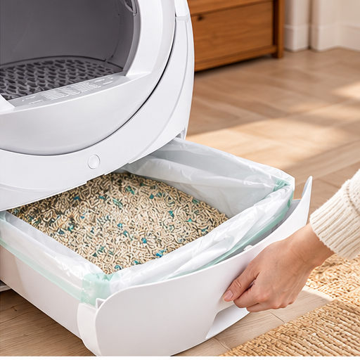 Vetsuno SmartClean Elite waste bin being emptied with liner bag