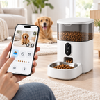 Vetsuno SmartFeeder Vision with smartphone app control and dog at home