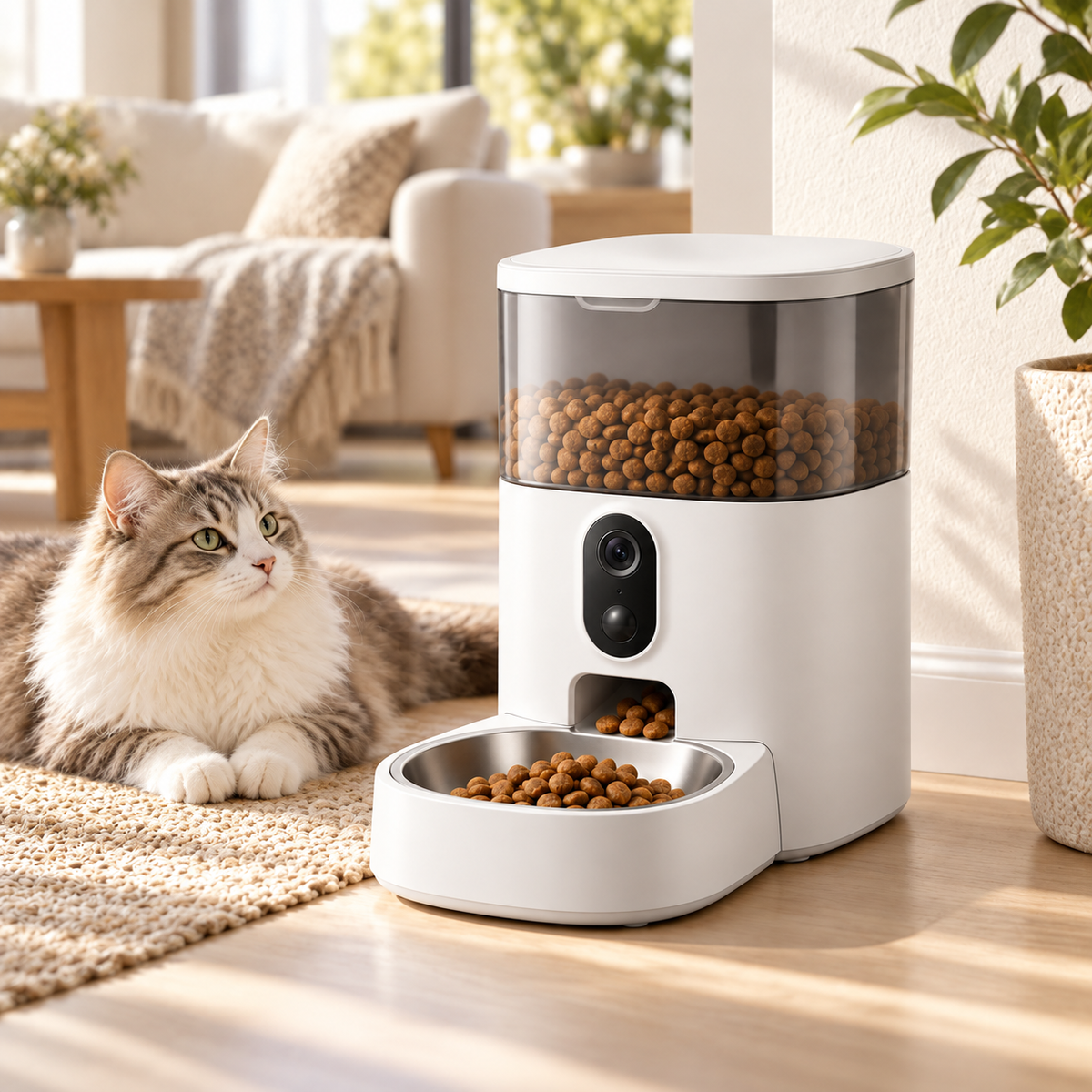 Vetsuno SmartFeeder Vision smart pet feeder with cat in a bright modern home