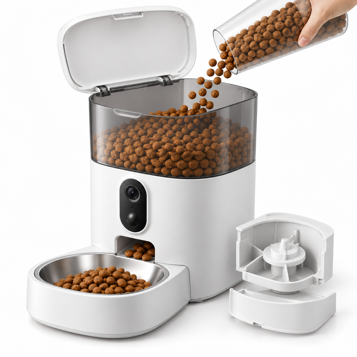 Vetsuno SmartFeeder Vision opened for kibble refilling and easy cleaning