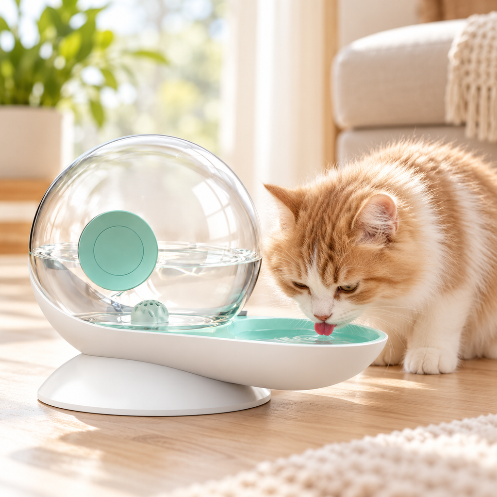 Cat drinking from the Vetsuno SmartFlow 2.8L gravity water dispenser at home